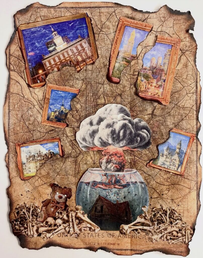 Unprecedented Times — analogue collage, charcoal, colored pencil, ink, fire